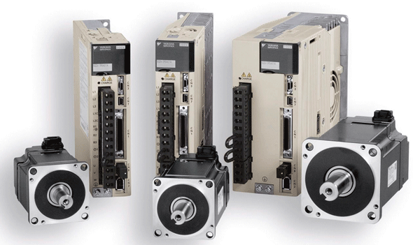 Three Yaskawa Sigma motors and VFDs shown