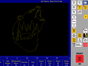 CNC12 Plasma software is shown with a preview of a plasma job that looks like a bear with a forest and smaller bear cut out.