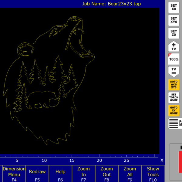 CNC12 Plasma software is shown with a preview of a plasma job that looks like a bear with a forest and smaller bear cut out.